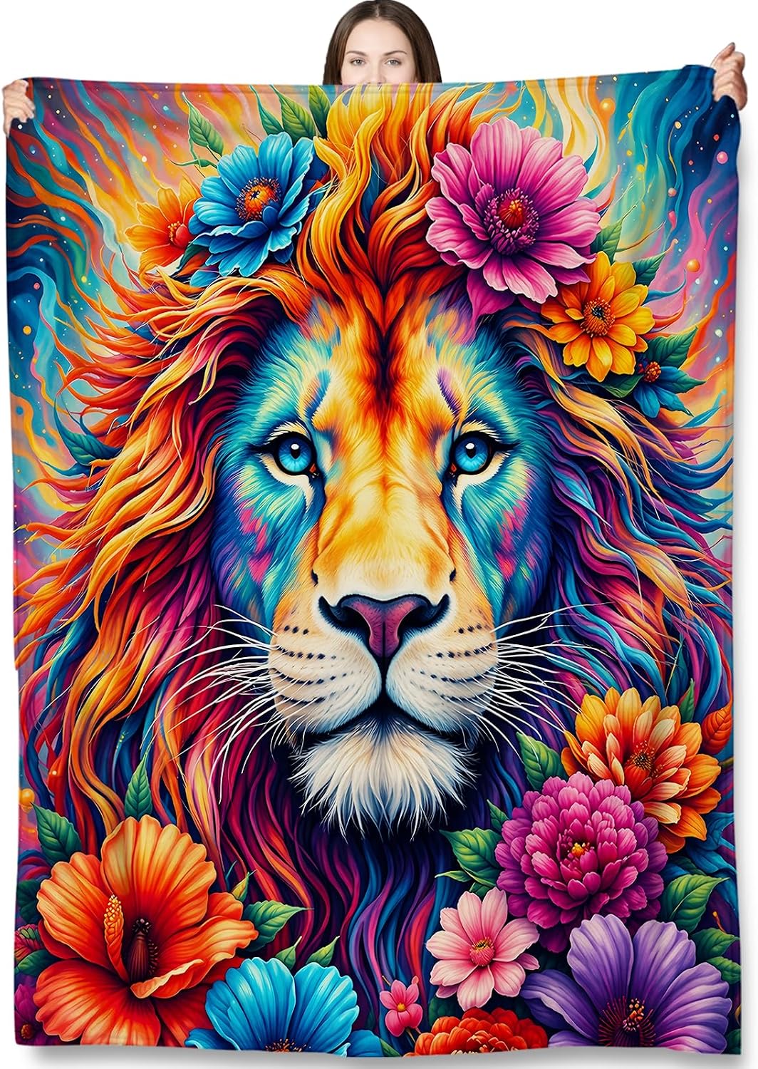 Lion Head Floral Art Blanket
